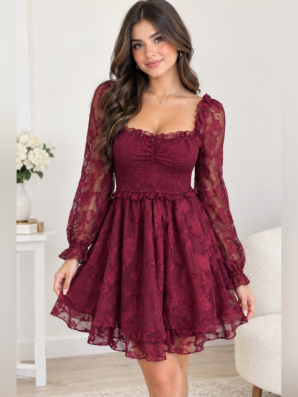 Allison + Kelly Burgundy Lace Long-Sleeve Fit & Flare Dress